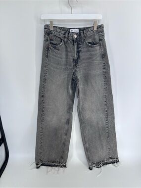 Zara Raw Frayed Hem Denim Culotte Jeans Washed Gray Wide Leg - Size 2/28